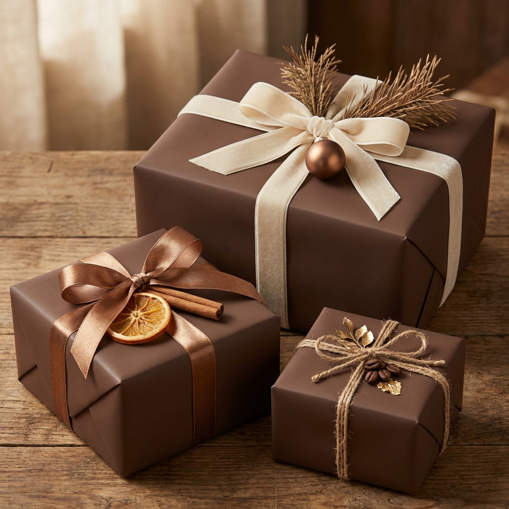 Elegant brown wrapping paper on gifts with ribbon, twine, and rustic decorations for holiday or special occasion.