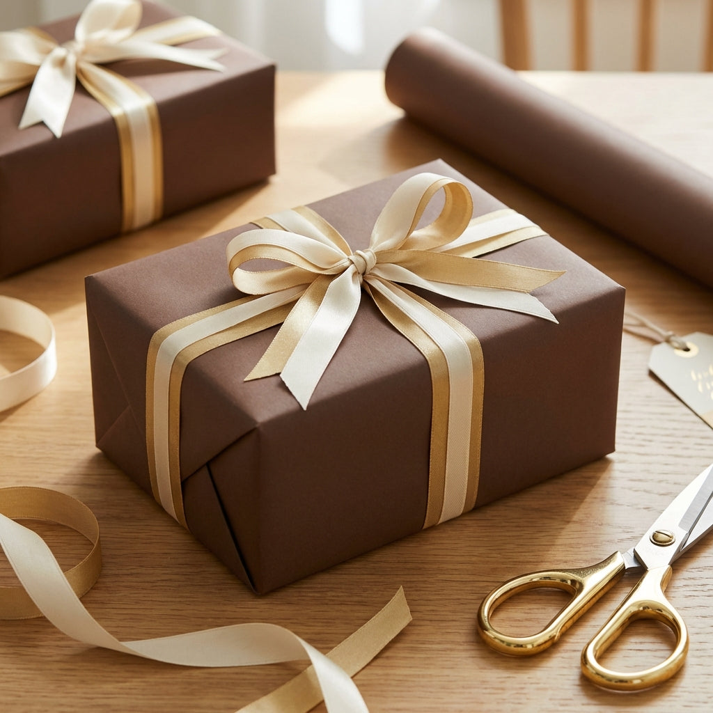 Elegant gift wrap: Brown wrapping paper with gold and cream ribbon on a rectangular gift box.