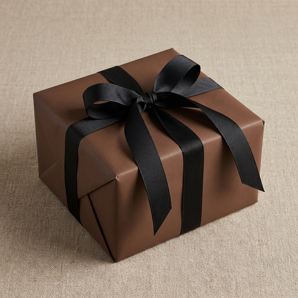 Elegant brown gift box wrapped in solid paper with a black ribbon and bow, perfect for birthdays or special occasions.