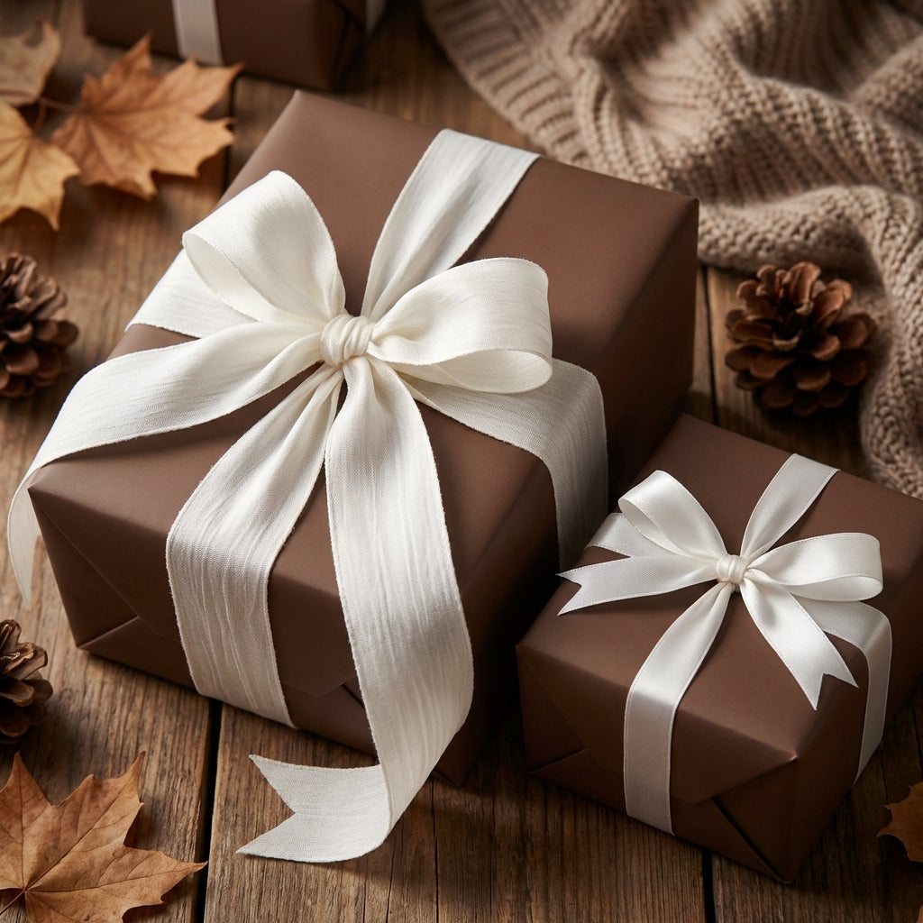 Brown gift-wrapped presents with white fabric ribbon, perfect for fall or elegant occasions.