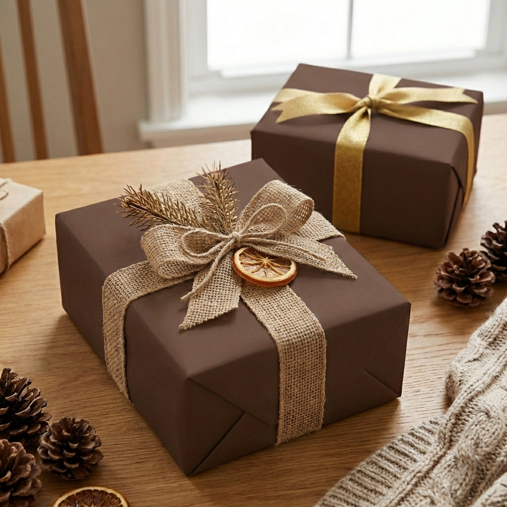 Brown gift wrapping paper with burlap ribbon and dried orange slice, rustic Christmas present.