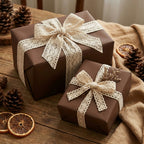 Brown wrapping paper with lace ribbon on gifts for Christmas or rustic wedding presents.