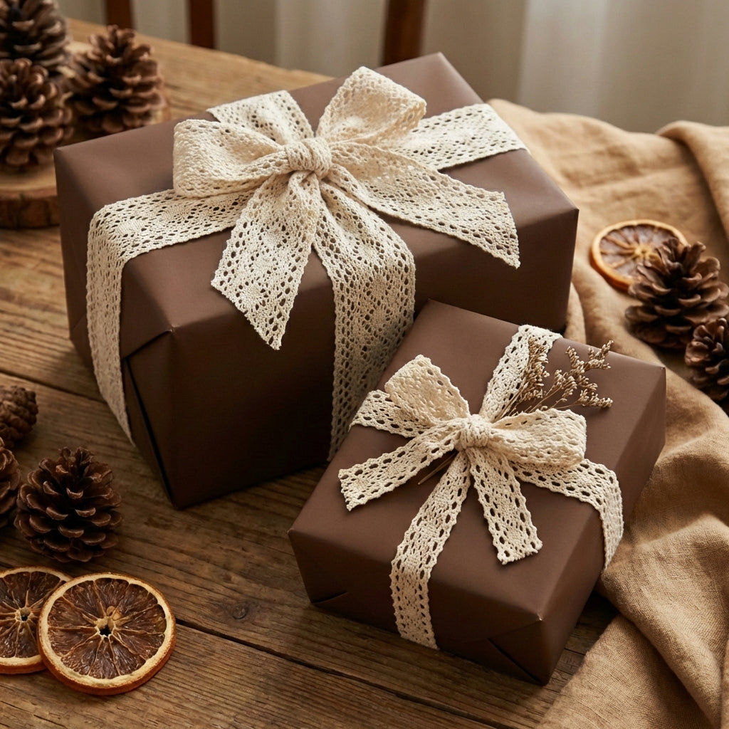 Brown wrapping paper with lace ribbon on gifts for Christmas or rustic wedding presents.