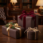 Elegant gift wrapping: Brown paper with velvet and satin ribbons for Christmas or birthday presents.