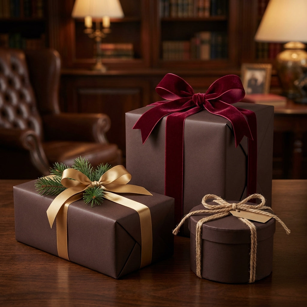Elegant gift wrapping: Brown paper with velvet and satin ribbons for Christmas or birthday presents.