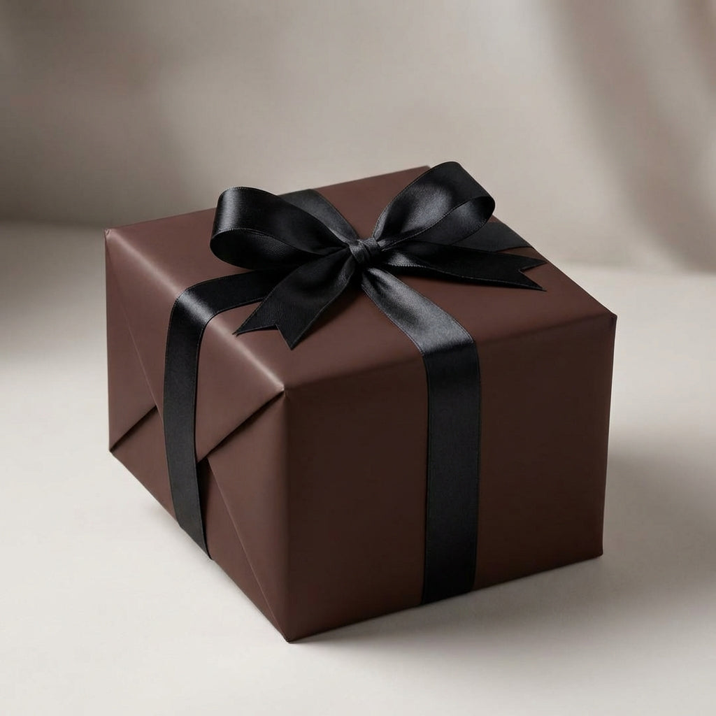 Elegant brown wrapping paper on a square gift box with a satin black ribbon bow.