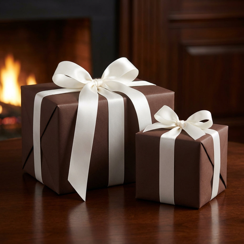 Elegant brown wrapping paper on square gifts with cream-colored satin ribbon bows, fireplace in background.