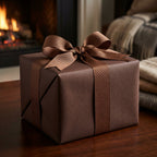 Elegant brown gift wrapping paper with matching ribbon and bow, holiday fireplace background.
