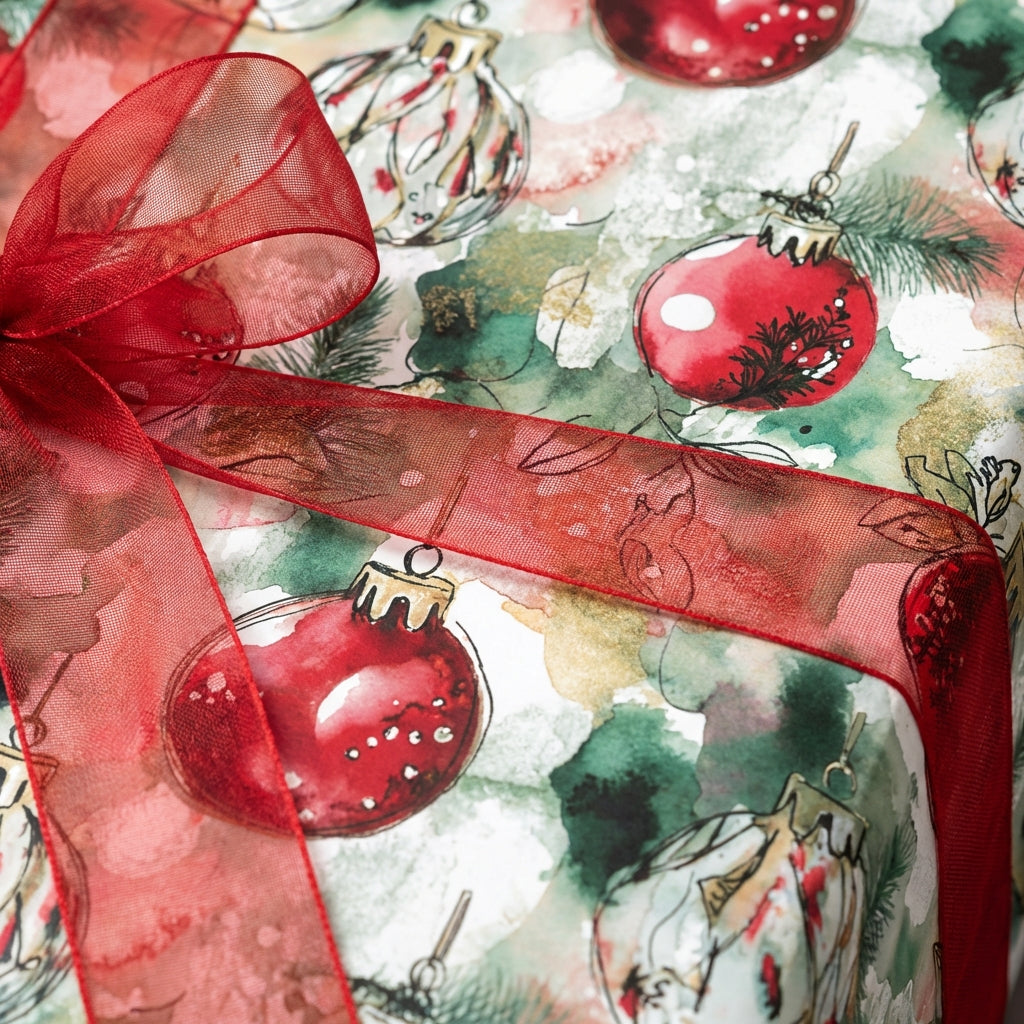 Watercolor Christmas wrapping paper with ornament pattern and red ribbon.
