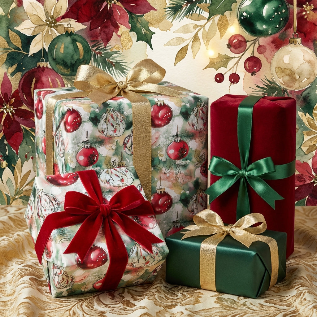 Festive Christmas gift wrap assortment with watercolor ornament pattern and elegant velvet ribbons.