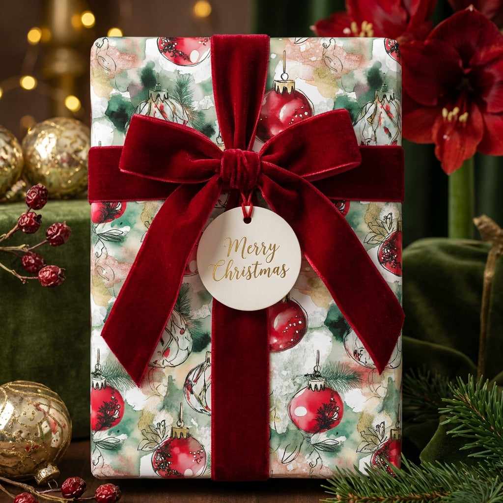 Elegant Christmas gift wrap from Wrapped Studios with ornament pattern and red velvet ribbon.