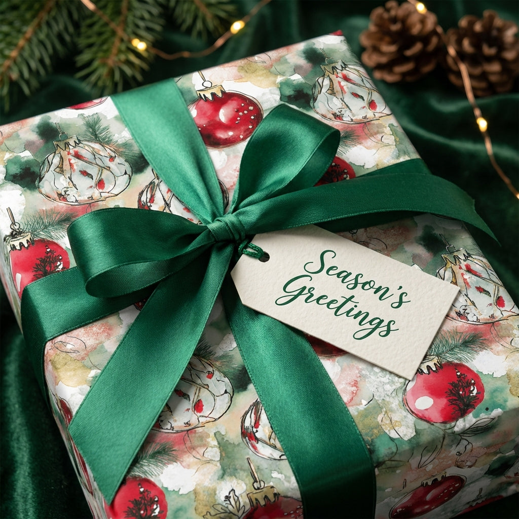 Elegant Christmas gift wrap featuring watercolor ornament design and a green satin ribbon.