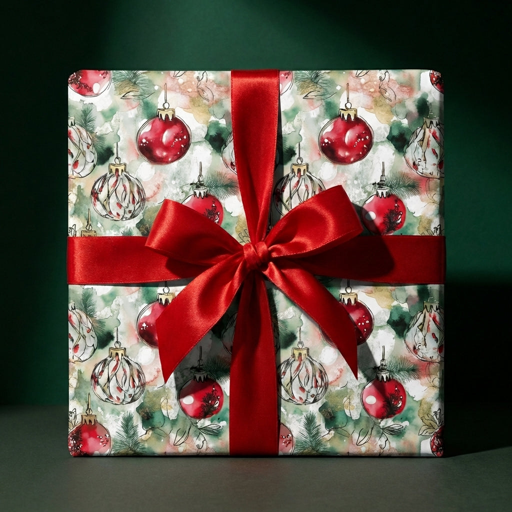Square gift wrapped in ornament Christmas wrapping paper with a red satin ribbon. Wrapped Studios.