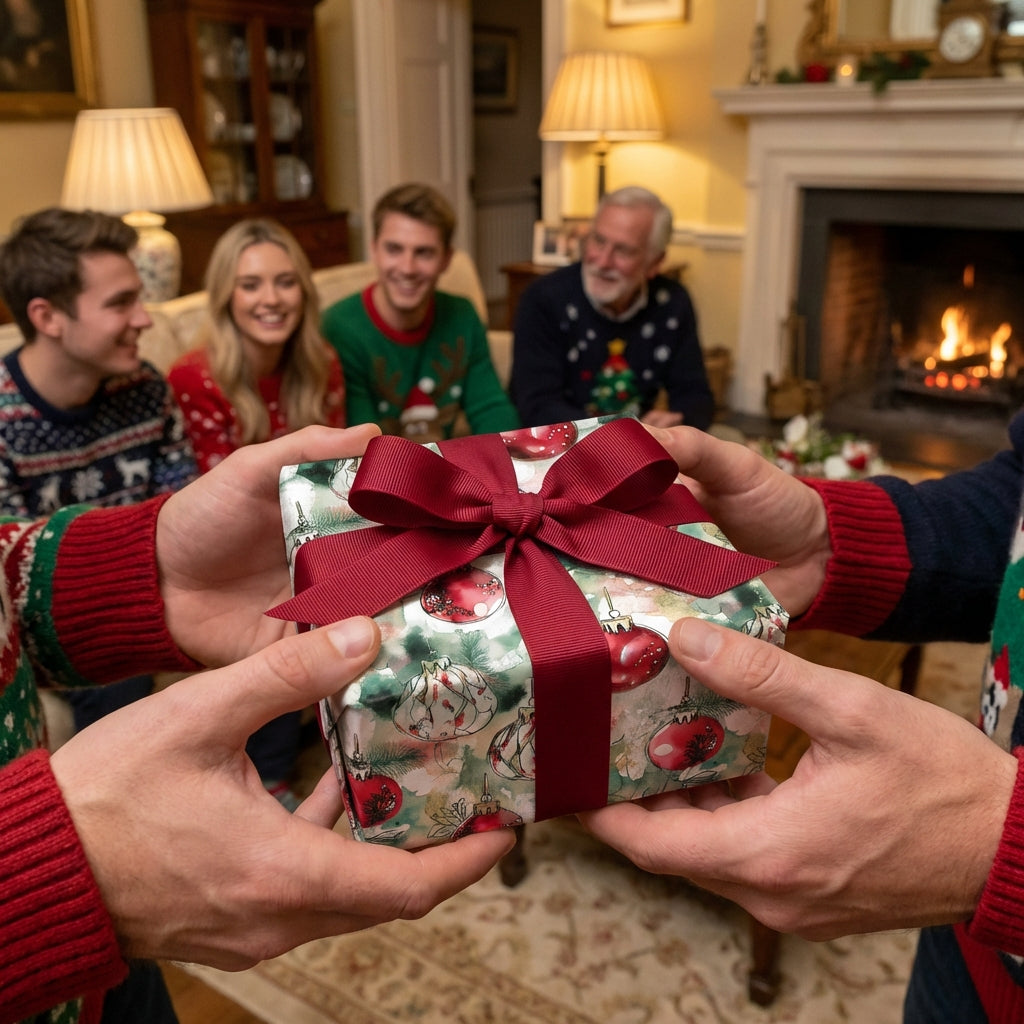Hands exchanging a Christmas gift wrapped in ornament-patterned paper with a red bow.