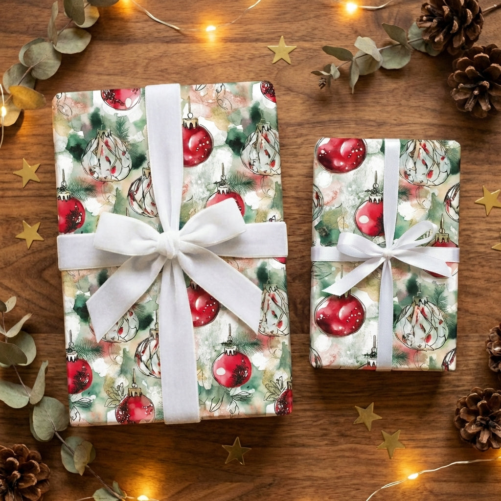 Wrapped Christmas gifts in elegant watercolor ornament wrapping paper with white satin ribbon.