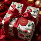 Wrapped Studios Christmas gift, with modern watercolor ornament wrapping paper and red satin bow.