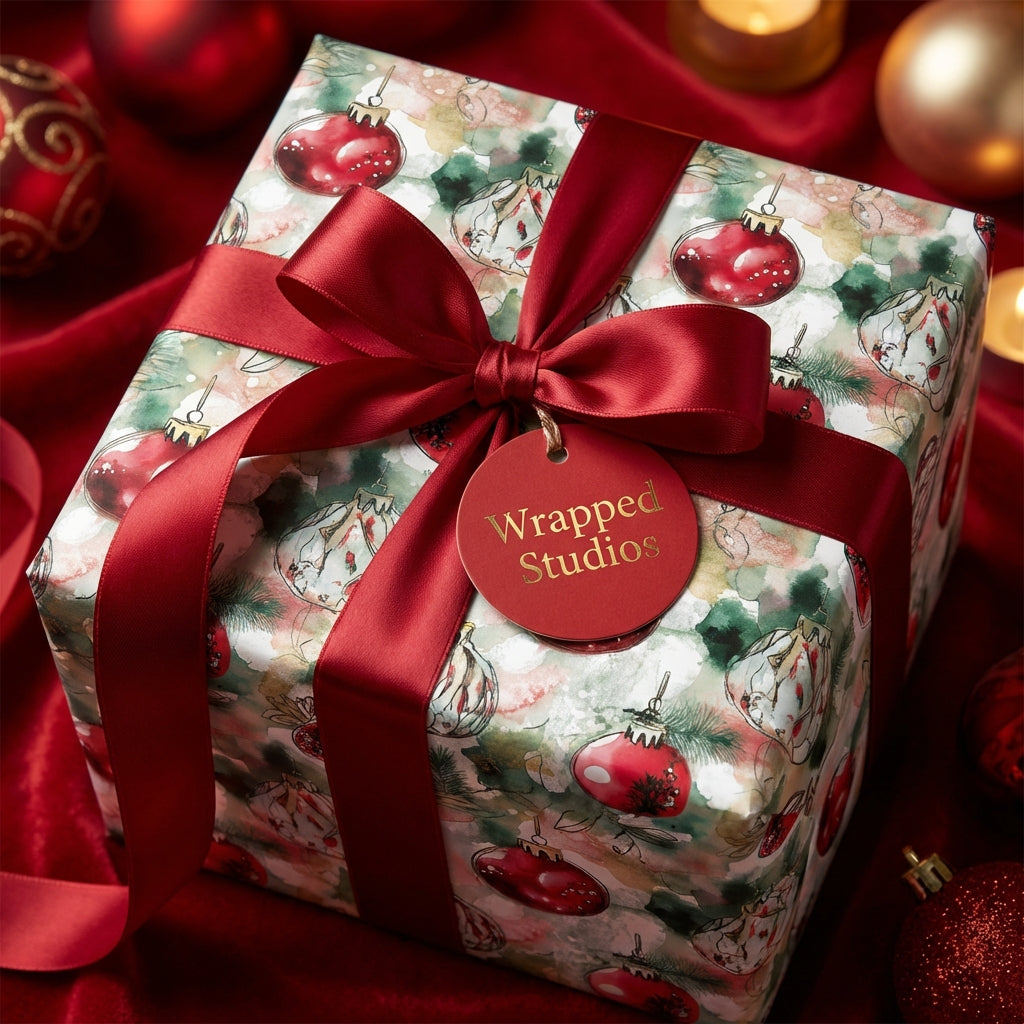 Wrapped Studios Christmas gift, with modern watercolor ornament wrapping paper and red satin bow.