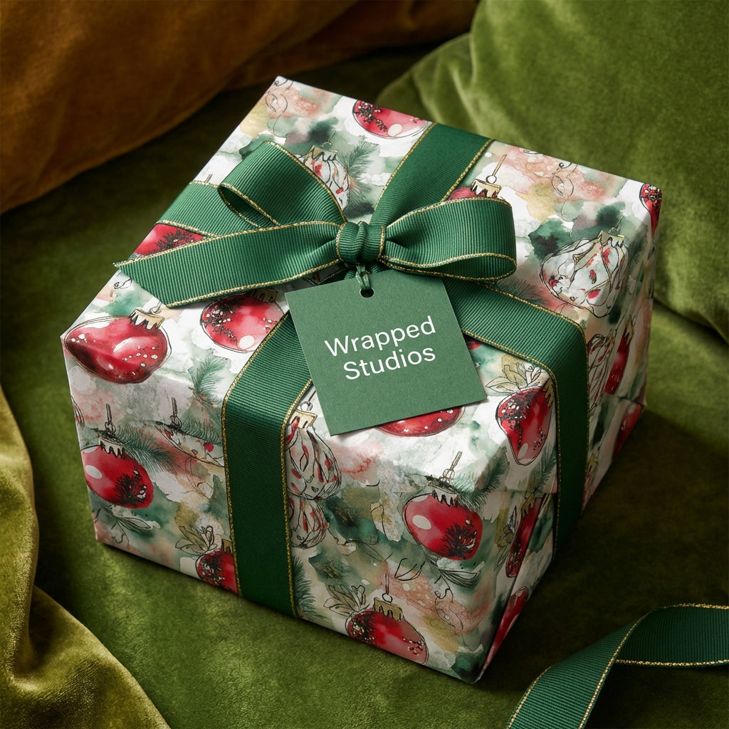 Wrapped Studios Christmas gift wrap. Stylish holiday gift with watercolor ornament pattern and dark green ribbon.