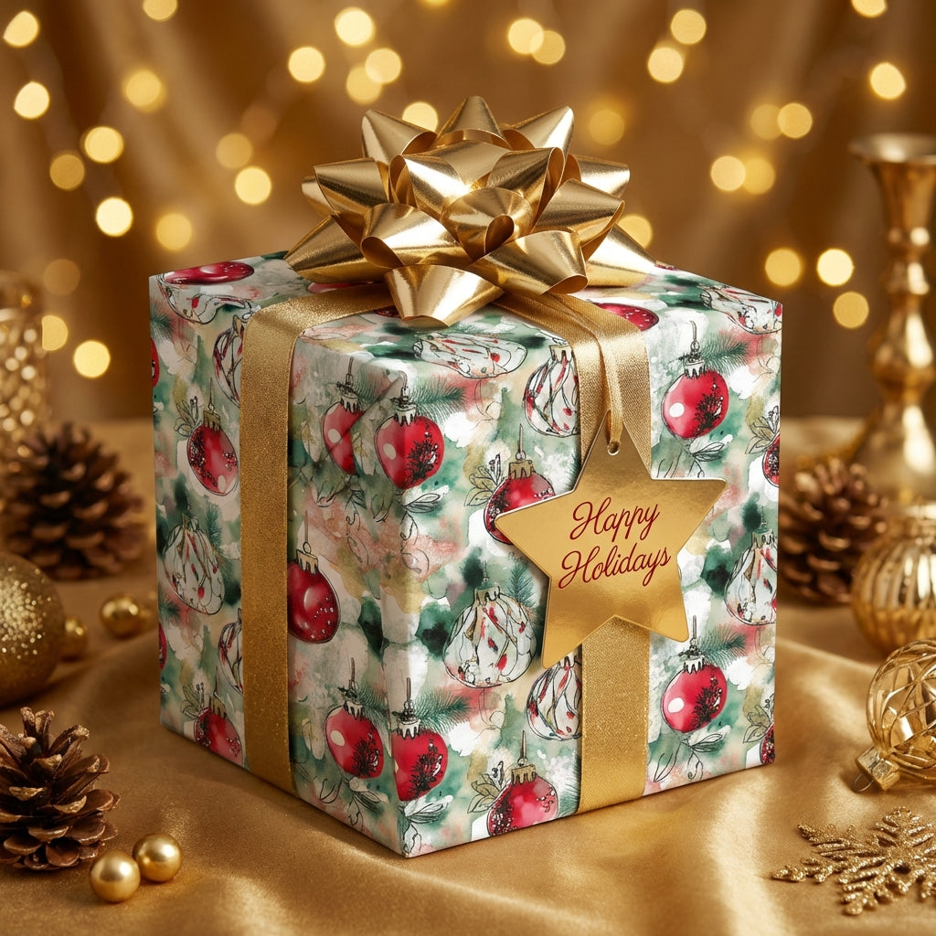 Elegant Christmas gift wrap with ornament design, gold ribbon and star tag.