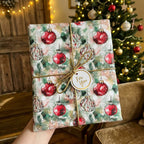 Christmas present wrapped in ornament print paper with a gold cord ribbon and "For You" tag.