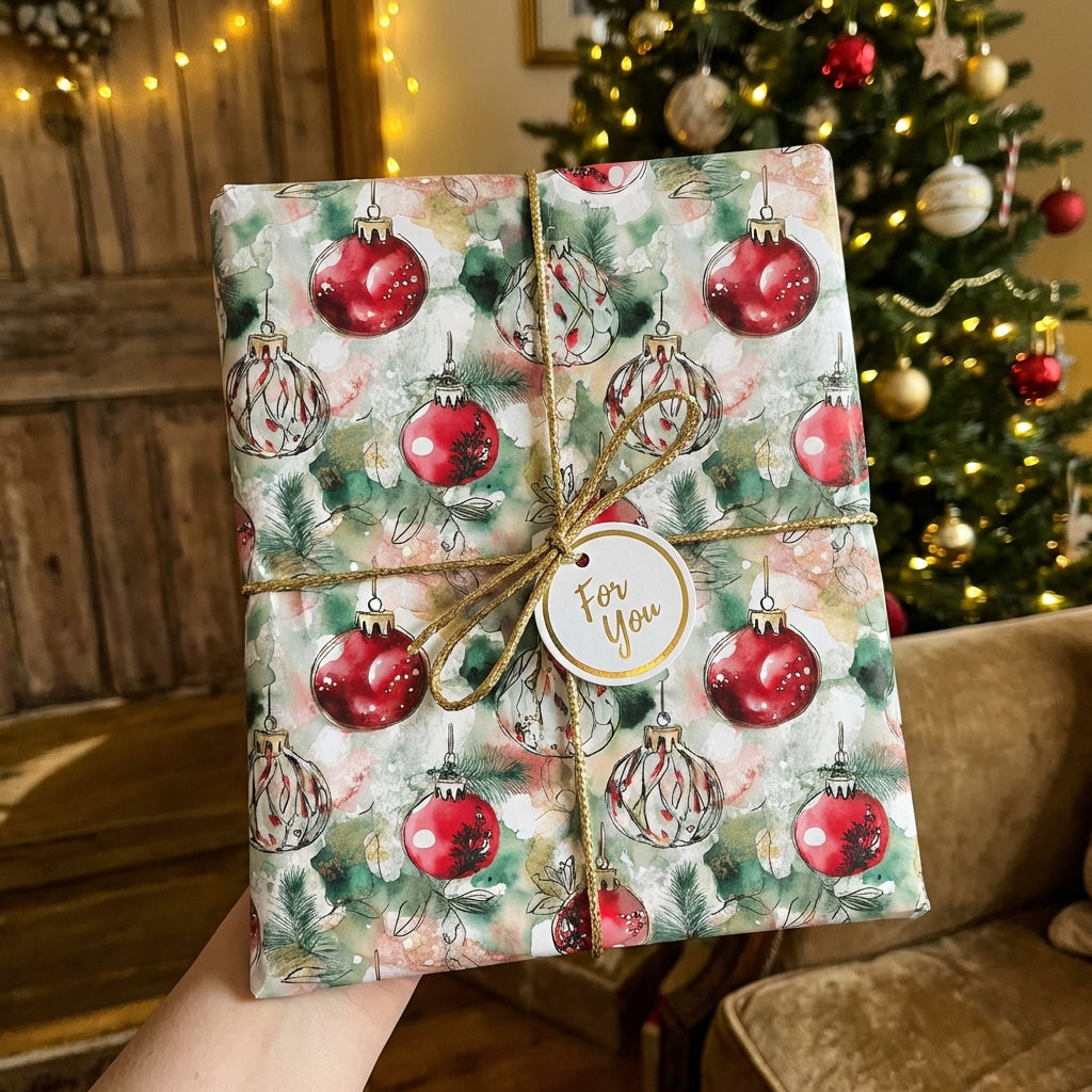Christmas present wrapped in ornament print paper with a gold cord ribbon and "For You" tag.