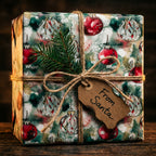 Gift wrapped in Christmas ornament pattern paper with twine, tag reads: "From Santa".