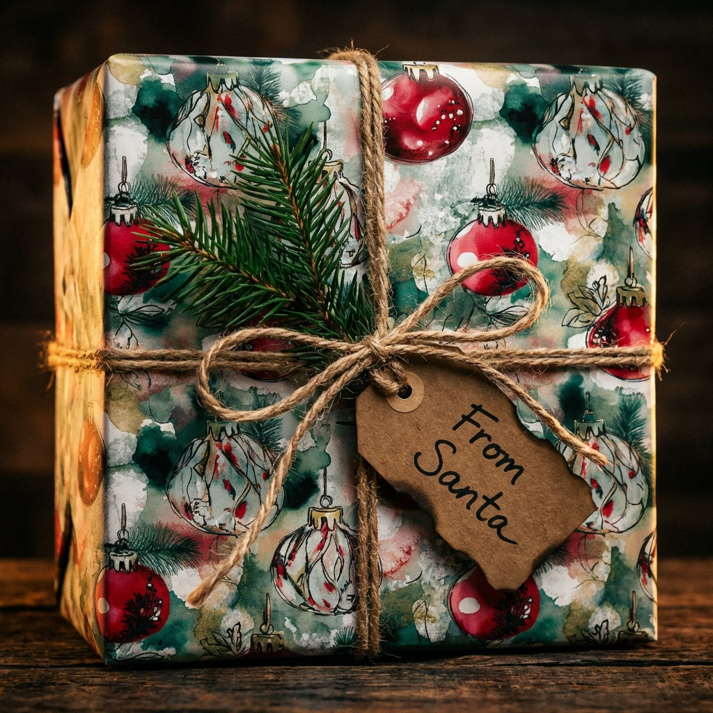 Gift wrapped in Christmas ornament pattern paper with twine, tag reads: "From Santa".