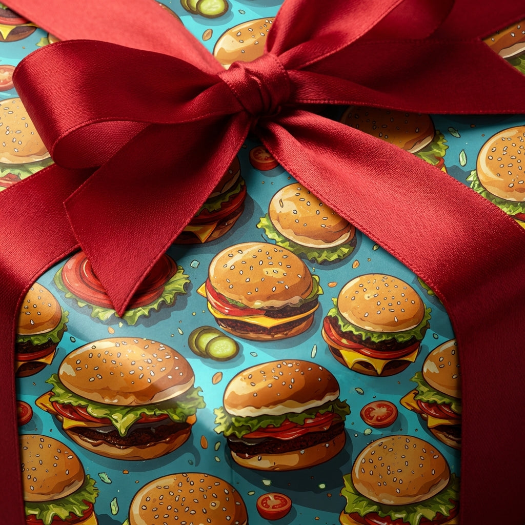 Funny "burger" wrapping paper with a large red bow.
