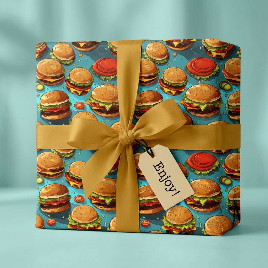 Square gift wrapped in fun, quirky burger pattern wrapping paper with a gold ribbon.