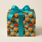 Fun food-themed wrapping paper featuring a hamburger print and turquoise bow for a special birthday gift.