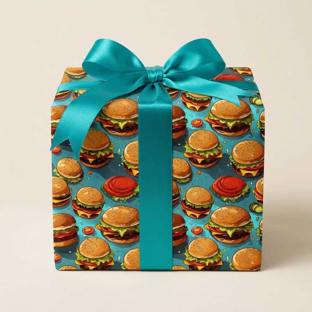 Fun food-themed wrapping paper featuring a hamburger print and turquoise bow for a special birthday gift.