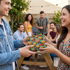 Woman receiving a gift wrapped in fun burger-themed wrapping paper at a party.