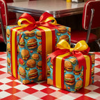 Unique gift wrap featuring a hamburger pattern, tied with red and yellow ribbon, for a quirky birthday surprise.