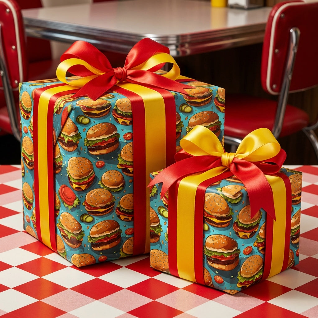 Unique gift wrap featuring a hamburger pattern, tied with red and yellow ribbon, for a quirky birthday surprise.