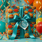 Celebration gift wrapped in fun burger pattern wrapping paper, tied with a teal ribbon.