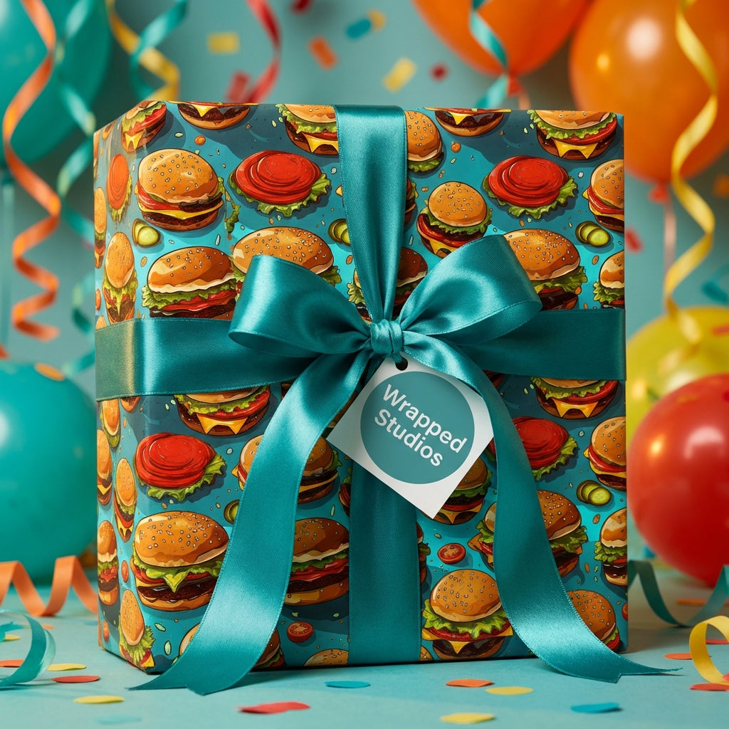 Celebration gift wrapped in fun burger pattern wrapping paper, tied with a teal ribbon.