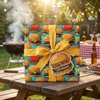 Square gift wrapped in fun burger-themed birthday wrapping paper with gold ribbon.