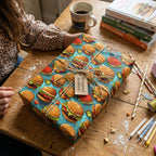 Gift wrapped in fun burger print wrapping paper with twine, perfect for a foodie birthday.