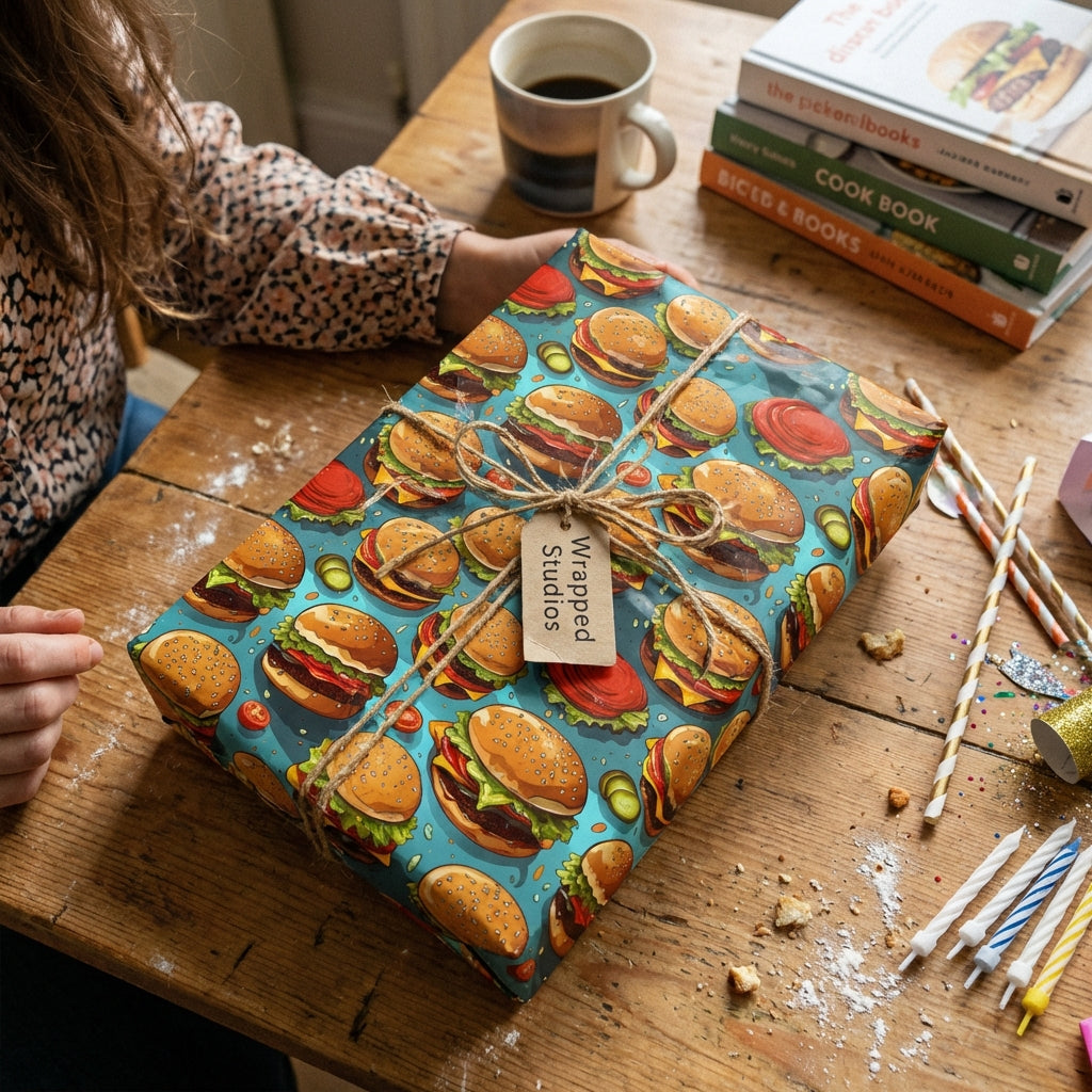 Gift wrapped in fun burger print wrapping paper with twine, perfect for a foodie birthday.