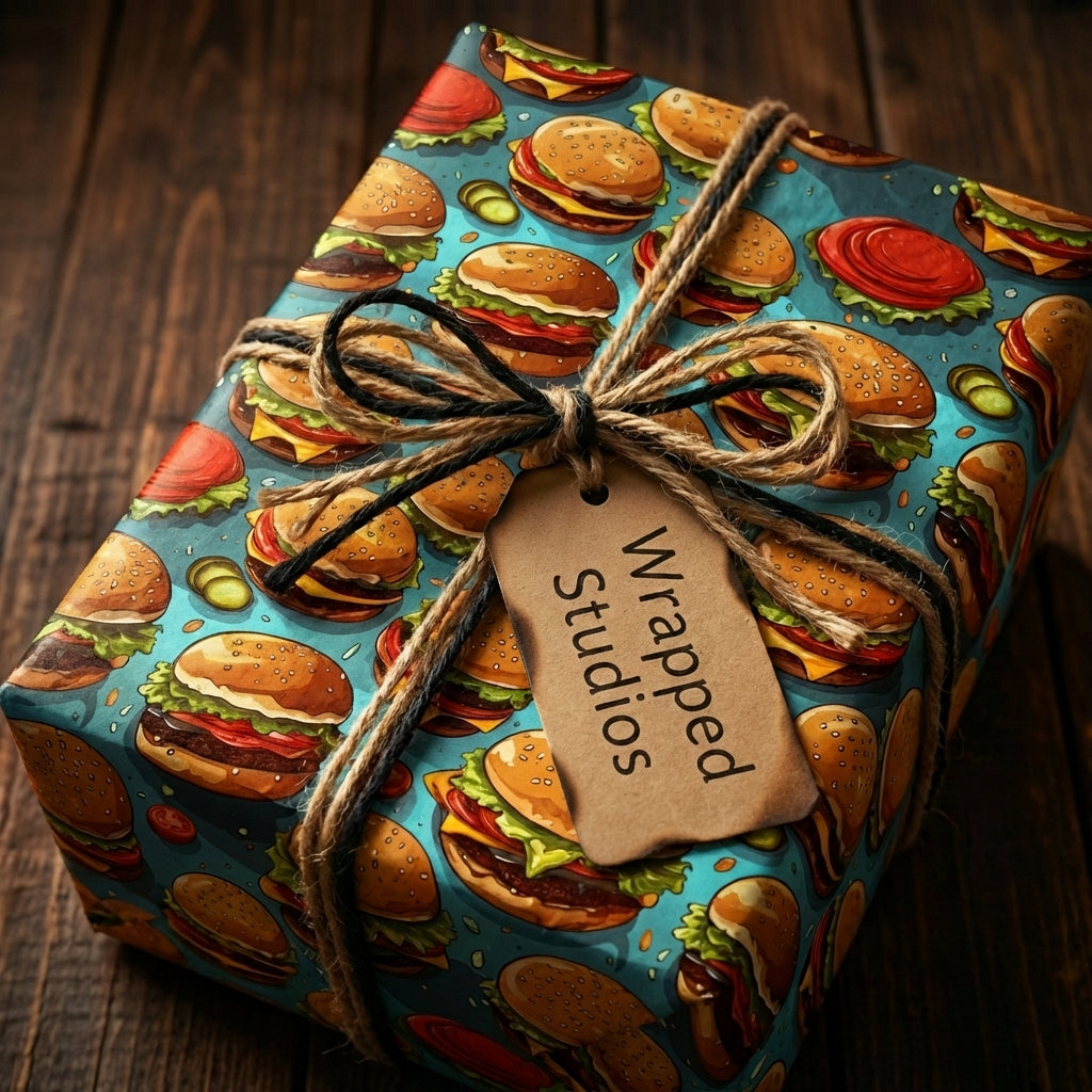 Wrapped gift in blue paper with a burger pattern, tied with rustic twine.