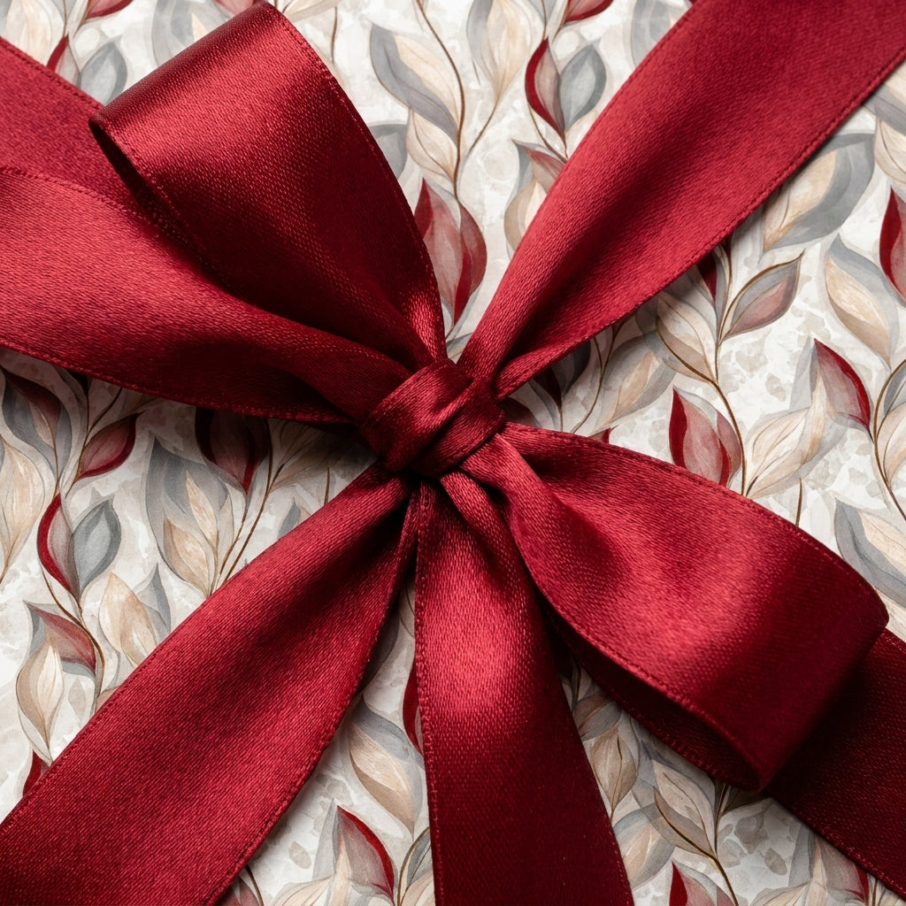 Elegant botanical Christmas gift wrap with a luxury red satin bow by Wrapped Studios.