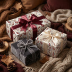 Luxury floral wrapping paper with burgundy and cream ribbons on cozy autumn gift boxes by Wrapped Studios.