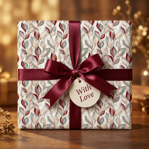 Elegant botanical wrapping paper with burgundy leaves and matching satin bow by Wrapped Studios.