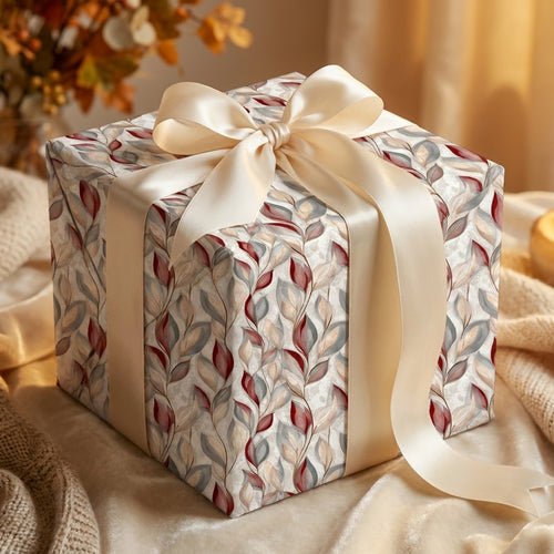 Elegant floral wrapping paper with burgundy leaves and a cream satin ribbon bow, by Wrapped Studios.