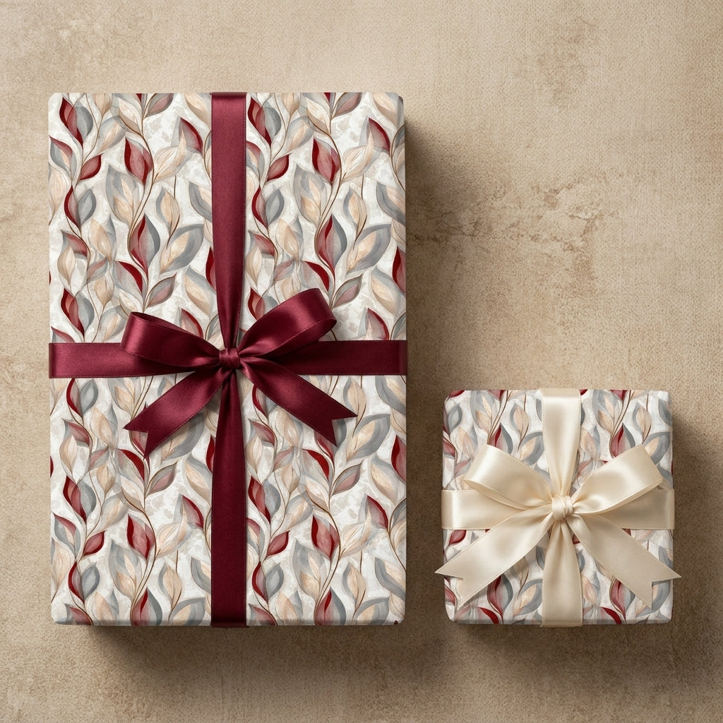 Elegant floral wrapping paper with burgundy leaves and satin ribbons on gifts by Wrapped Studios.