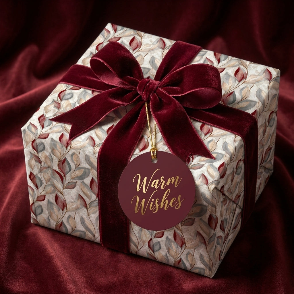 Elegant floral Christmas wrapping paper with a burgundy velvet ribbon and gift tag by Wrapped Studios.