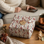 Elegant botanical wrapping paper with red and sage leaves on a rustic gift box by Wrapped Studios.