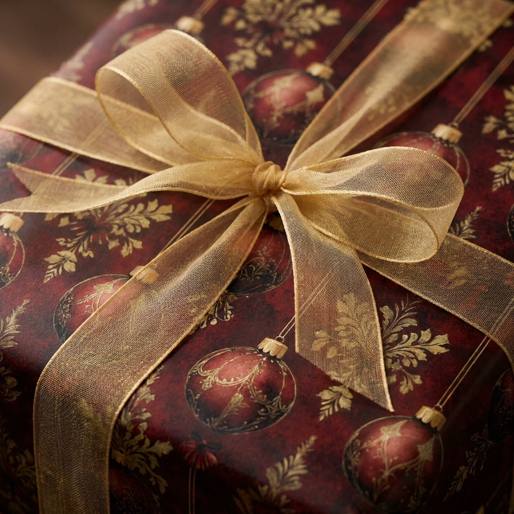 Luxury Christmas wrapping paper in burgundy and gold with a sheer gold bow by Wrapped Studios.
