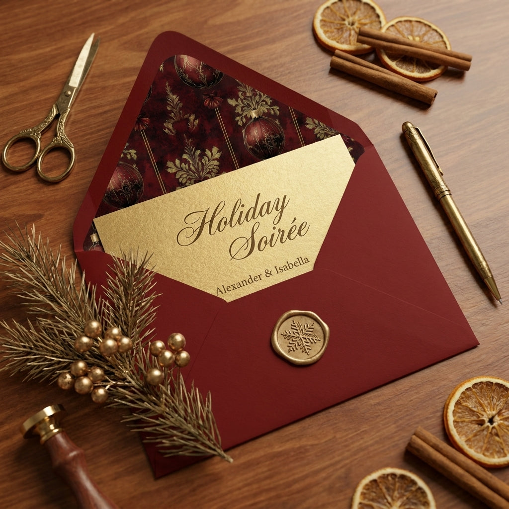Luxury burgundy Holiday Soiree invitation envelope with gold wax seal and custom liner by Wrapped Studios.