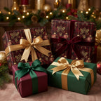 Luxury Christmas wrapping paper in elegant burgundy and green with satin bows by Wrapped Studios.